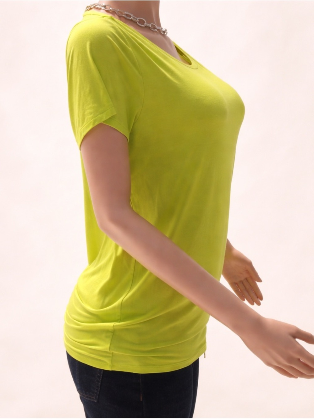Michael Kors Chartreuse Tie Side Top Size Large Keyhole Back Short Sleeve Blouse - Picture 5 of 9